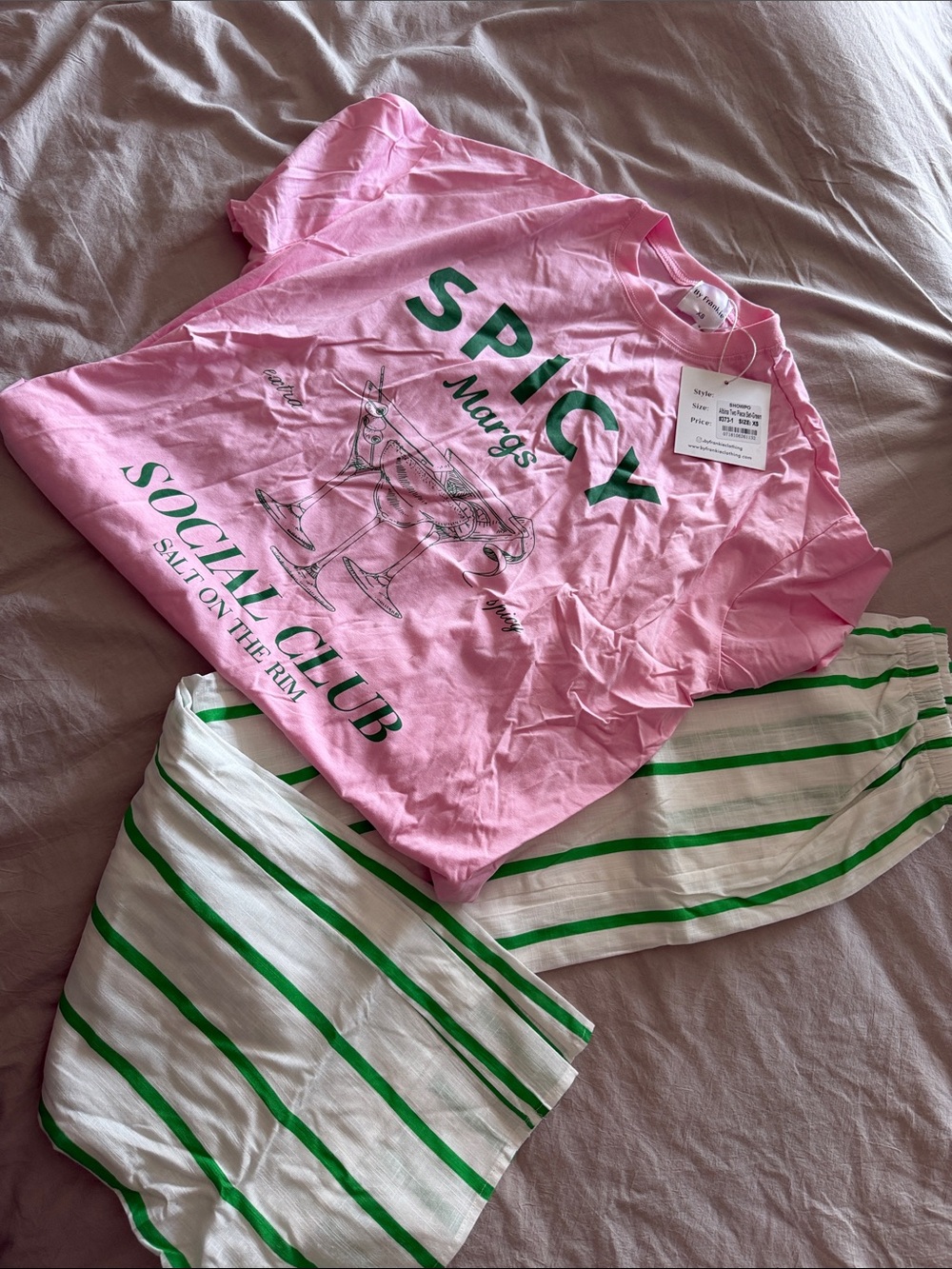 Showpo Pink 'Spicy' Graphic Tee with White & Green Striped Pants